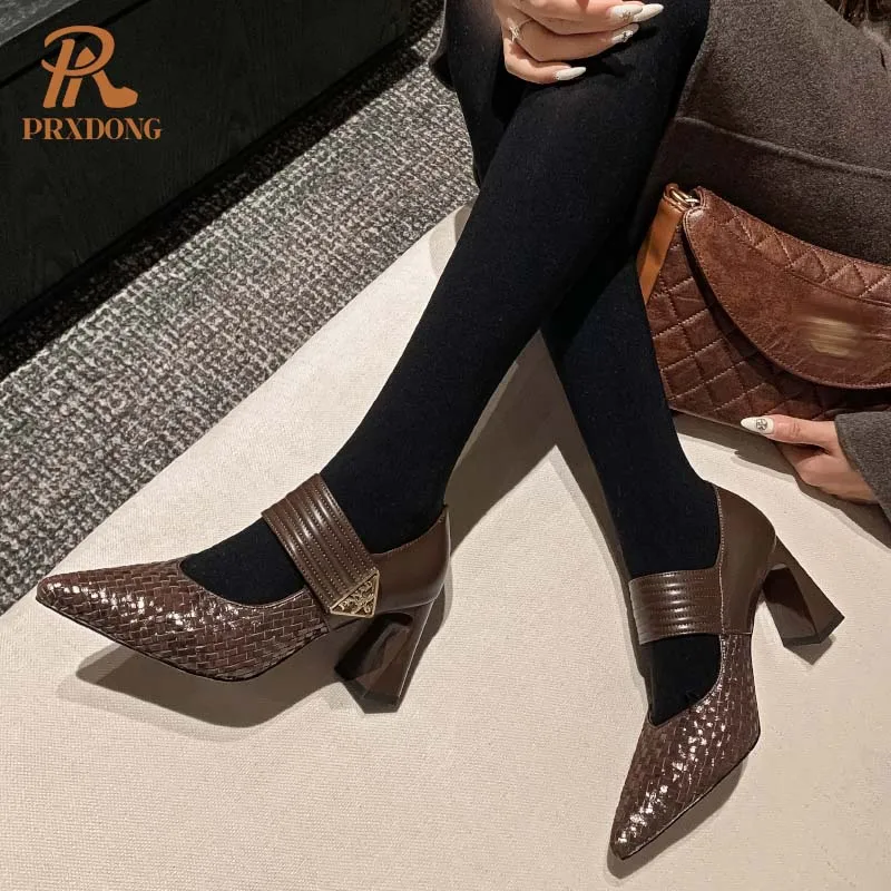 Color: black, Shoe Size: 37 - PRXDONG Genuine Leather Women Pumps 2025 New Spring Summer High Heels Pointed toe Black Brown Dress Party Female Shoes Size 40