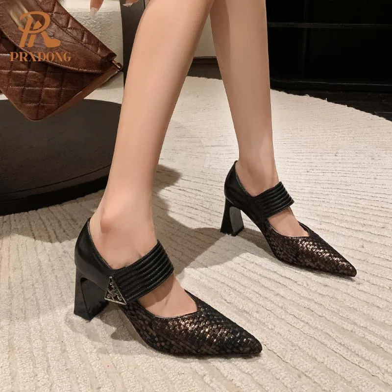 Color: black, Shoe Size: 37 - PRXDONG Genuine Leather Women Pumps 2025 New Spring Summer High Heels Pointed toe Black Brown Dress Party Female Shoes Size 40