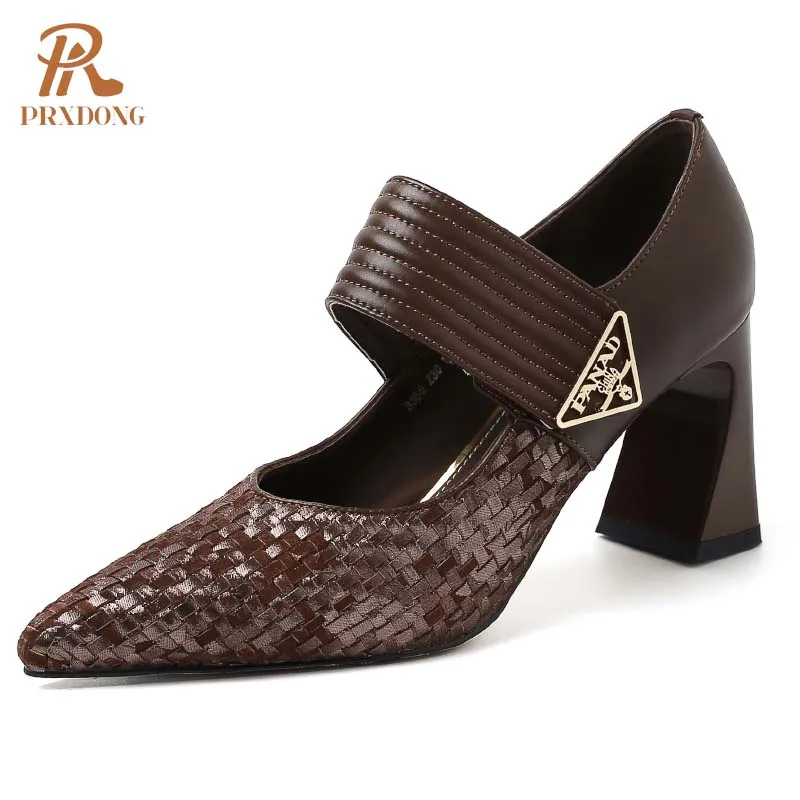 Color: black, Shoe Size: 37 - PRXDONG Genuine Leather Women Pumps 2025 New Spring Summer High Heels Pointed toe Black Brown Dress Party Female Shoes Size 40