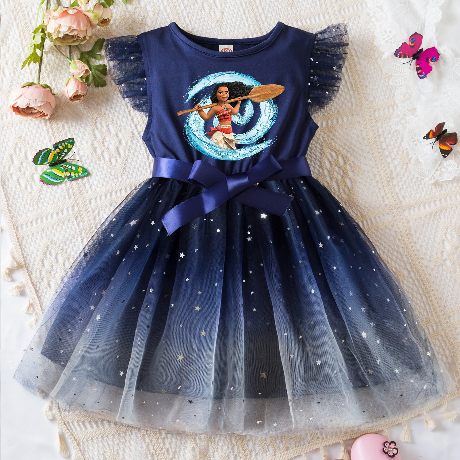 Color: SKY BLUE, Size: XS - Moana Summer Toddler Girl Dress Princess Star Baby Girls Clothes Tulle Tutu Dress for Children Party Dress 2-6Y