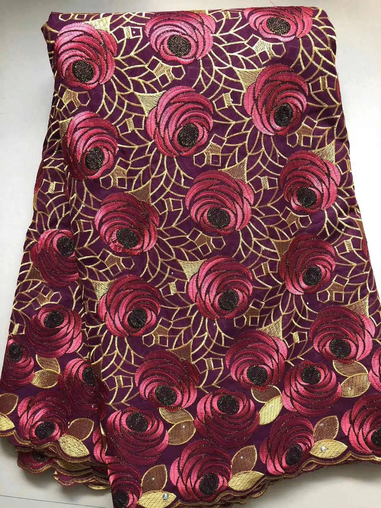 Color: Khaki, length: 5 yards, Width: 120cm - Wholesale Cotton African Lace Fabric 2024 High Quality Swiss Voile Lace Fabric Nigerian Dry Lace Fabrics With Stones For Wedding