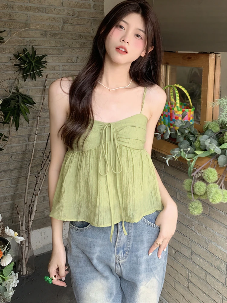 Color: Beige, Size: XL - Women Linen Sweet Babydoll Ruffle Crop Sleeveless Top Thin Strap Front Bow Ties Flowy Camis Female Korean Tank Top