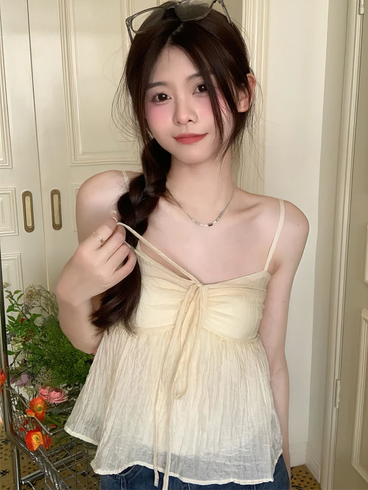 Color: Beige, Size: XL - Women Linen Sweet Babydoll Ruffle Crop Sleeveless Top Thin Strap Front Bow Ties Flowy Camis Female Korean Tank Top
