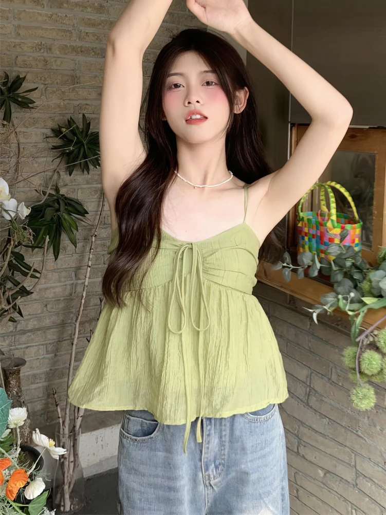 Color: Beige, Size: XL - Women Linen Sweet Babydoll Ruffle Crop Sleeveless Top Thin Strap Front Bow Ties Flowy Camis Female Korean Tank Top