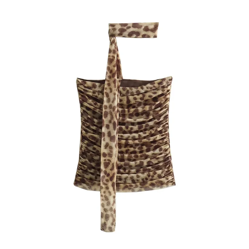 Color: SKY BLUE, Size: M - TRAF 2024 Woman Off Shoulder Tulle Crop Top Women Ruched Leopard Print Sexy Tube Tops Summer Sleeveless Backless Bandeau Top