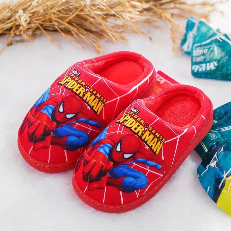 Color: Red, Shoe Size: 5 - Children Cartoon Spider Print Cotton Slipper Soft Autumn Winter Warm Baby Boys Girl Indoor Home Bedroom Cotton Shoes Size 24-31