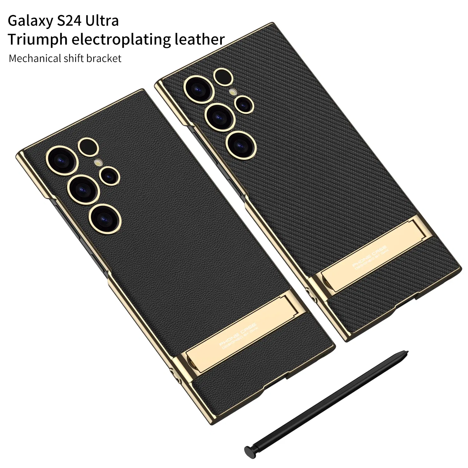 Color: Black, Bundle: Case & Strap, Material: Canvas - For Samsung Galaxy S24 Ultra Plus Case Luxury Electroplated Gold Border Plain Leather Bracket Shockproof Back Cover Accessories