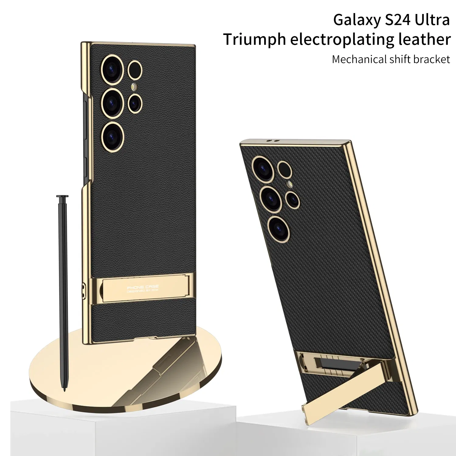 Color: Black, Bundle: Case & Strap, Material: Canvas - For Samsung Galaxy S24 Ultra Plus Case Luxury Electroplated Gold Border Plain Leather Bracket Shockproof Back Cover Accessories