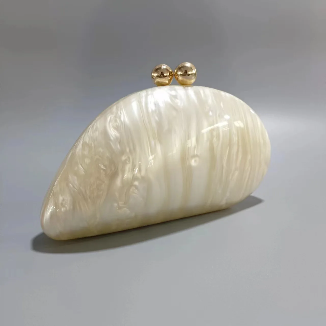 Color: Champagne - 2024 New Hot Sale Acrylic Shell Shape Clutch Bag Women Designer Evening Party Cute Pearl Egg Purse Blue Handbag Wholesale