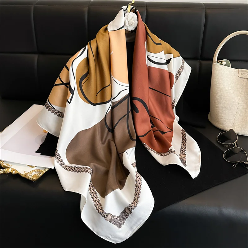 Color: black, Size: One Size - New Simple Printed Silk Scarf 90cm Twill Scarf Women Korean Style Large Square Scarf Sunscreen Shawl Headscarf Female Luxury