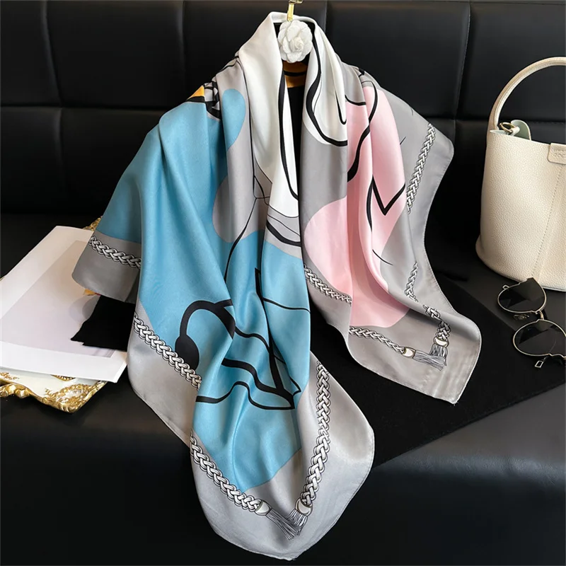 Color: black, Size: One Size - New Simple Printed Silk Scarf 90cm Twill Scarf Women Korean Style Large Square Scarf Sunscreen Shawl Headscarf Female Luxury