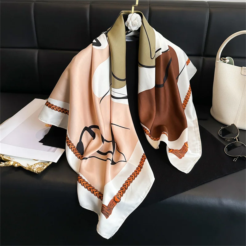 Color: black, Size: One Size - New Simple Printed Silk Scarf 90cm Twill Scarf Women Korean Style Large Square Scarf Sunscreen Shawl Headscarf Female Luxury