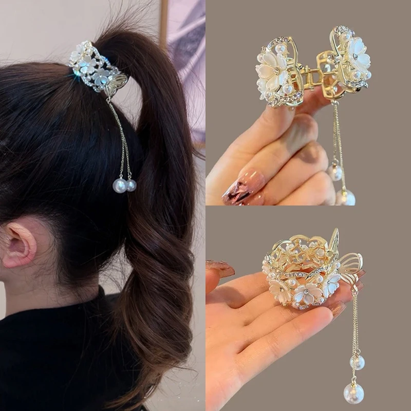 Color: GRAY - Fashion Rhinestone Tassel Pearl Hair Claws Flowers Hair Clip Women Barrettes Ponytail Holder Hairpins Hair Accessories Gifts
