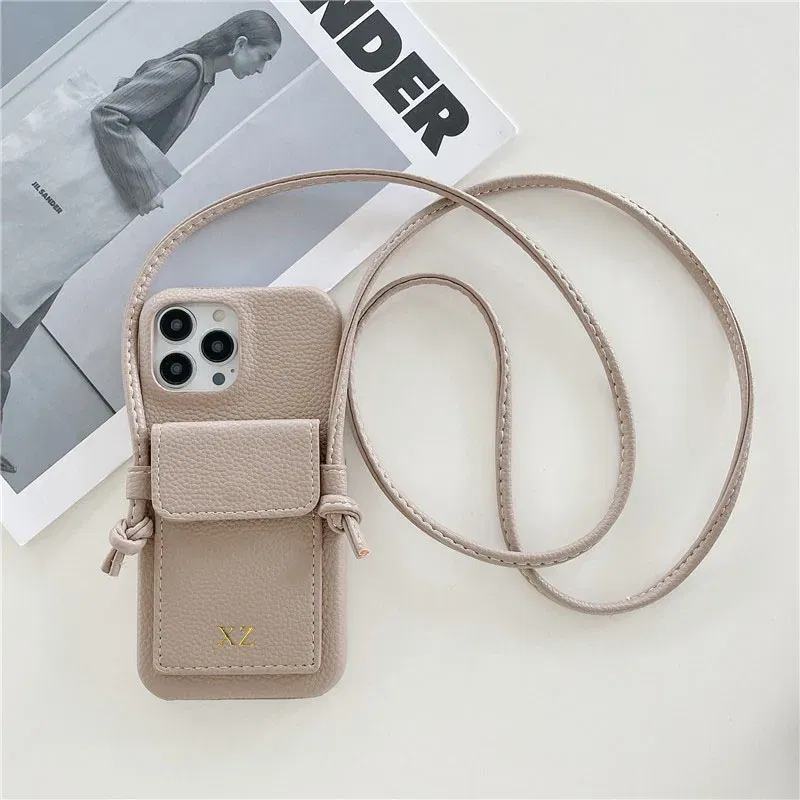 Color: Khaki, Material: PC - Personalized Gold Silver Letters Leather PU Card Holder Lanyard Hard Case For iPhone 14 13 12 11 15 Pro Max XS XR 16 Plus Cover