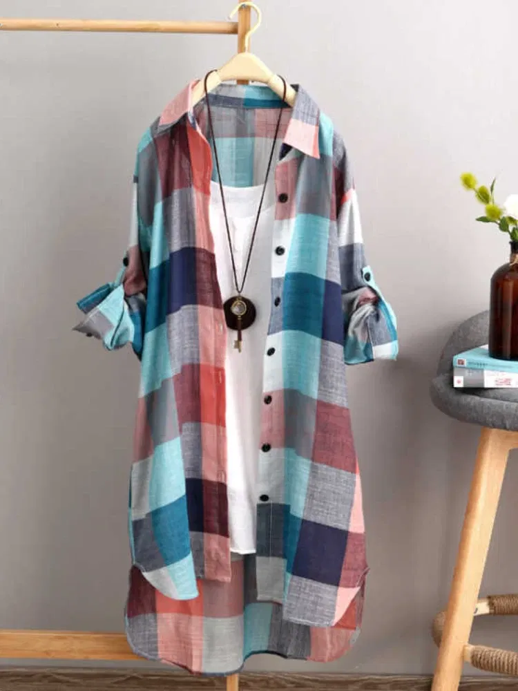 Color: MULTI, Size: M - Women's Plaid Cotton Shirt Chic Women Blouse Elegant and Youth Women's Blouses New In External Clothes Korean Style