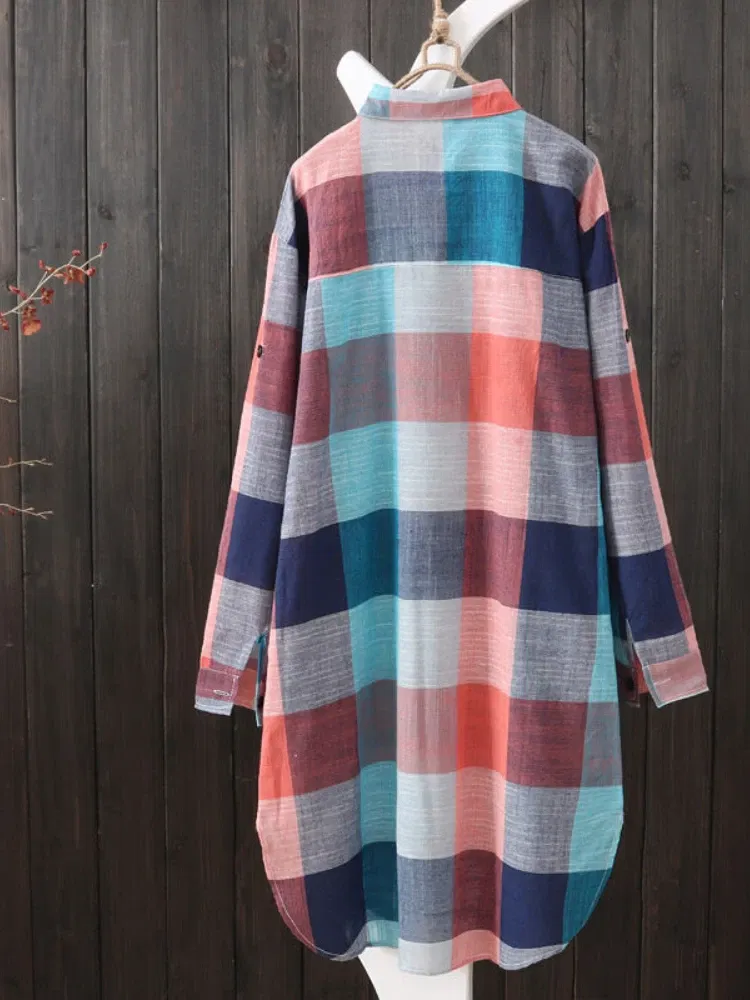 Color: MULTI, Size: M - Women's Plaid Cotton Shirt Chic Women Blouse Elegant and Youth Women's Blouses New In External Clothes Korean Style