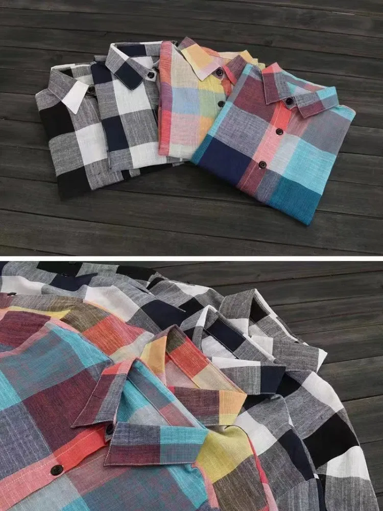 Color: MULTI, Size: M - Women's Plaid Cotton Shirt Chic Women Blouse Elegant and Youth Women's Blouses New In External Clothes Korean Style