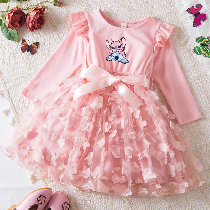 Color: MULTI, Size: One Size, Height: 164 - Lilo Stitch Girl Baby Dresses Spring Autumn Child Long Sleeve Sweet Princess Dress Mesh Newborn Casual Dress Birthday Party 2-6Y