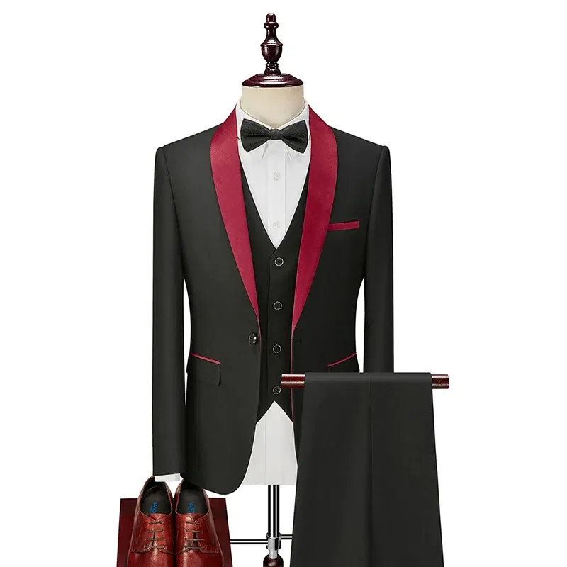 Color: Red, Size: XXXL - Shenrun Men Tuxedo Slim Fit Fashion Suit Wedding Shawl Lapel 3 Pieces Skinny Single Breasted Jacket Party Prom Singer Costume