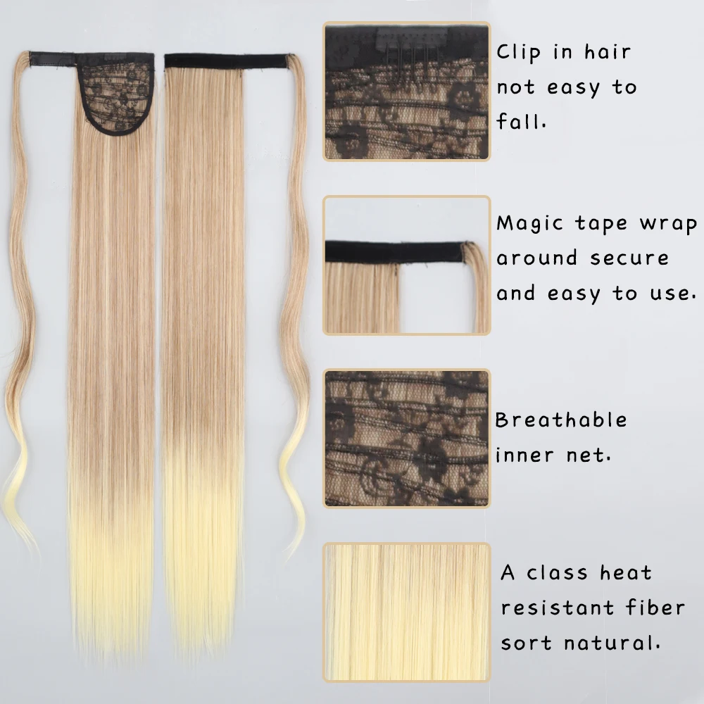 Color: #4, Stretched Length: 22inches - AZQUEEN Straight Synthetic Hairpiece With Ponytail 85cm Super Long Wrap Around Clip In Hair Extensions Pony Tail For Daily Wear
