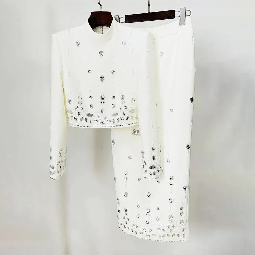 Color: WHITE, Size: M - Spliced Diamonds Two Piece Set For Women Stand Collar Long Sleeve Tops High Waist Skirt Elegant Chic Set Female Fashion New