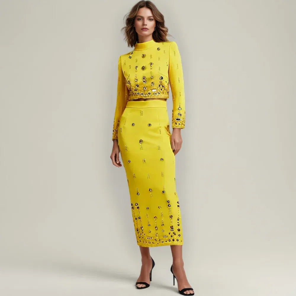 Color: WHITE, Size: M - Spliced Diamonds Two Piece Set For Women Stand Collar Long Sleeve Tops High Waist Skirt Elegant Chic Set Female Fashion New