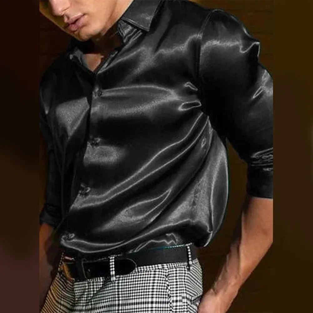 Color: Beige, Size: XL, Ships From: CHINA - Casual Men's Satin Silk Dress Shirts Long Sleeve Social Single Breasted Button Turn-Down Collar Shirts Wedding Party Men Clothes