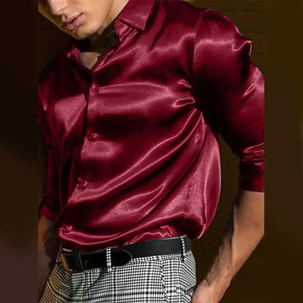 Color: Beige, Size: XL, Ships From: CHINA - Casual Men's Satin Silk Dress Shirts Long Sleeve Social Single Breasted Button Turn-Down Collar Shirts Wedding Party Men Clothes