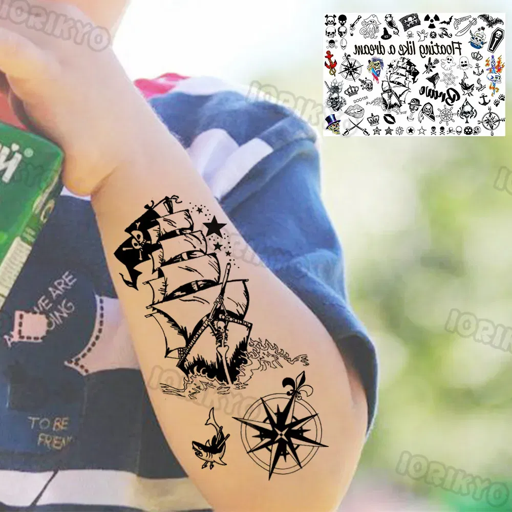 Color: Dark Khaki - Anchor Pirate Temporary Tattoos For Kids Toddler Boy Adult Men Women Black Whale Tattoo Sticker Fake Transfer Small Tatto Face