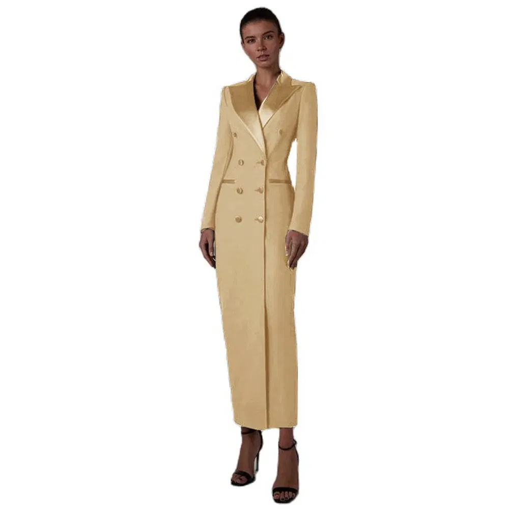 Color: Champagne, Size: L - Women's Suit Long Jacket One Piece Blazer Double Breasted Formal Tuxedo Party Dress кос?‚юм ?¶?µнский