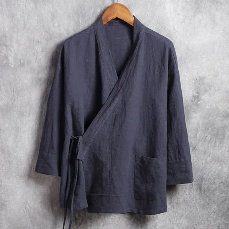 Color: Red, Size: XL - Plus Size M-6XL Pure Color Men's Tops 2024 New Cotton Linen Oblique Placket Long Sleeve Linen Hanfu chinese Clothing  Kimono
