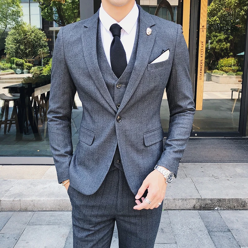 Color: Red, Size: XXL - Gray Men Classic Striped/Checked Suits, Business Office 3 Piece, Asian Size Slim Fit Men Dress Jacket & Pants with Vest, S-4XL