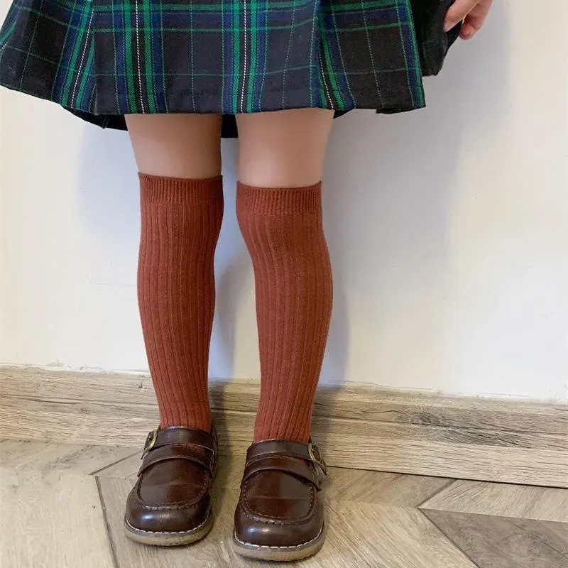 Color: Beige, Size: 2-3T - Baby Long Socks Over The Knee Little Girls Solid Cotton Socks Spring Autumn Long Crew Socks