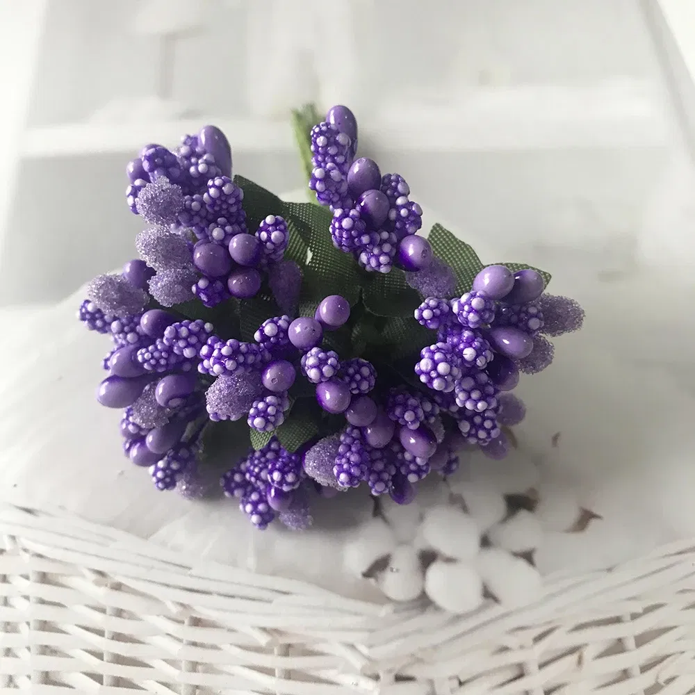 Color: Pink - 12PCS/lot Artificial Flower Small Berries Stamen Wire Stem/marriage Leaves DIY Wreath Wedding Scrapbooking Box Decoration Craft