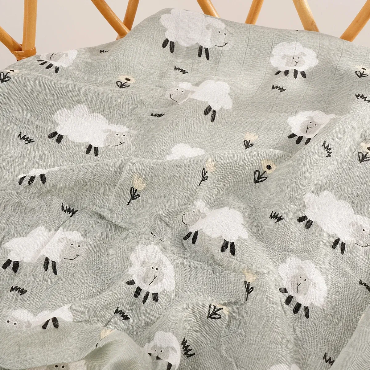 Color: GRAY, Size: Option 1 - Happyflute 120*110cm Soft Muslin Bamboo Cotton Baby Wrap Animal Pattern Travel Newborn Multi-function Swaddle Sleeping Blanket
