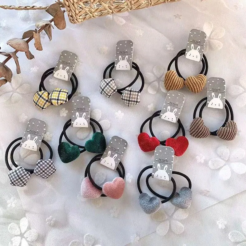 Color: Gold - 2pcs Velvet Heart Plaid Star Button Elastic Hair Bands Rubber Hair Rope Tie Girls Hair Scrunchie Ponytail Holder Gum Accessories