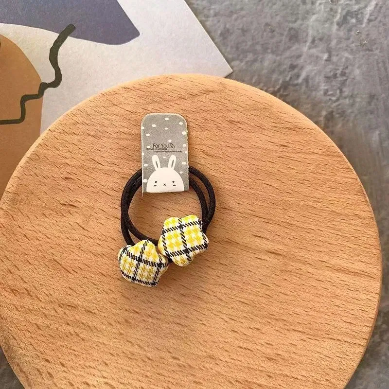 Color: Gold - 2pcs Velvet Heart Plaid Star Button Elastic Hair Bands Rubber Hair Rope Tie Girls Hair Scrunchie Ponytail Holder Gum Accessories