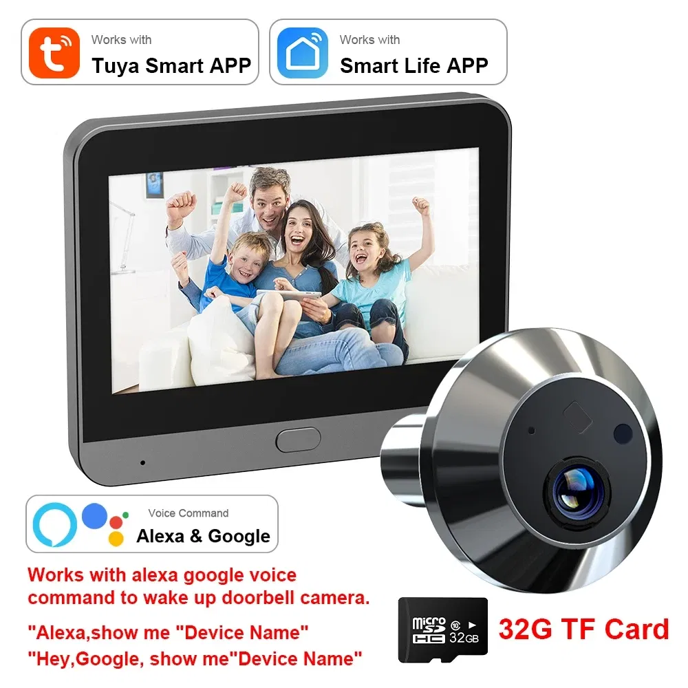 Color: Gold, Ships From: CHINA - New! Mini Smart Life Tuya 3MP 140?° Wide View Angle 2.4Ghz WiFi Magic Door Peephole Eye PIR Camera Digital Door Viewer Battery