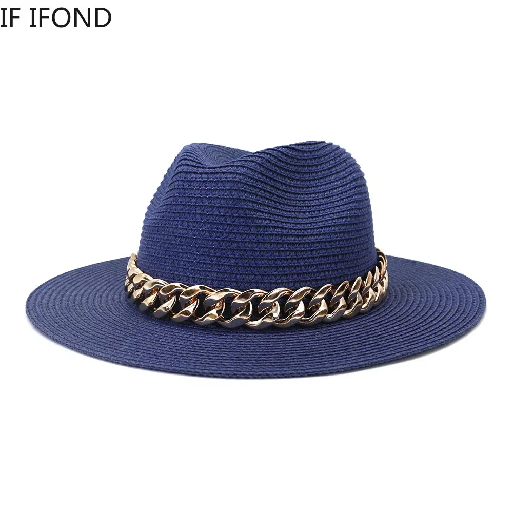 Color: Blue, Size: L - Fashion Gold Chain Belt Panama Straw Hats For Women Summer Breathable Beach Sun Hats Elegant Ladies Party Jazz Hat