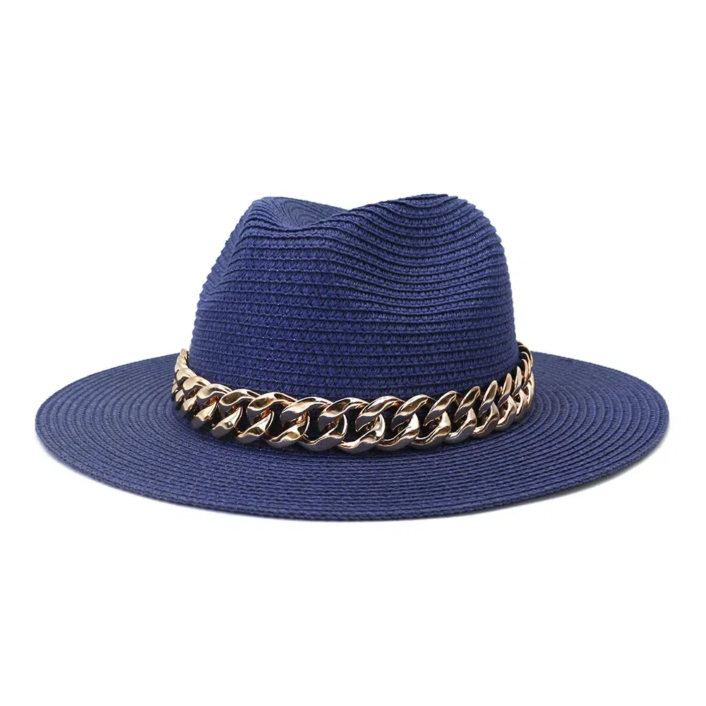 Color: Blue, Size: L - Fashion Gold Chain Belt Panama Straw Hats For Women Summer Breathable Beach Sun Hats Elegant Ladies Party Jazz Hat