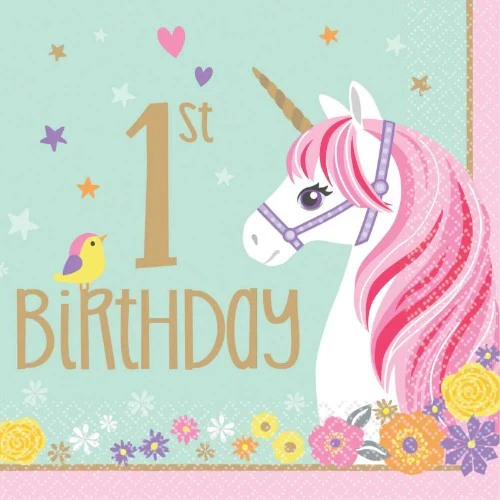 Lunch Napkins - Magical Unicorn 1st Birthday - Pack of 16