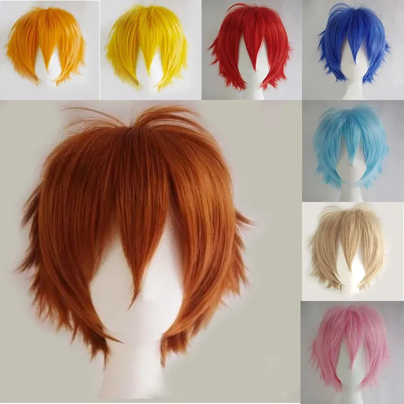 Color: Pink, Ships From: CHINA, Stretched Length: 8inches - S-noilite Synthetic Short Wig Blue Brown Black Women Men Cosplay Costume Party Head Wigs Hair