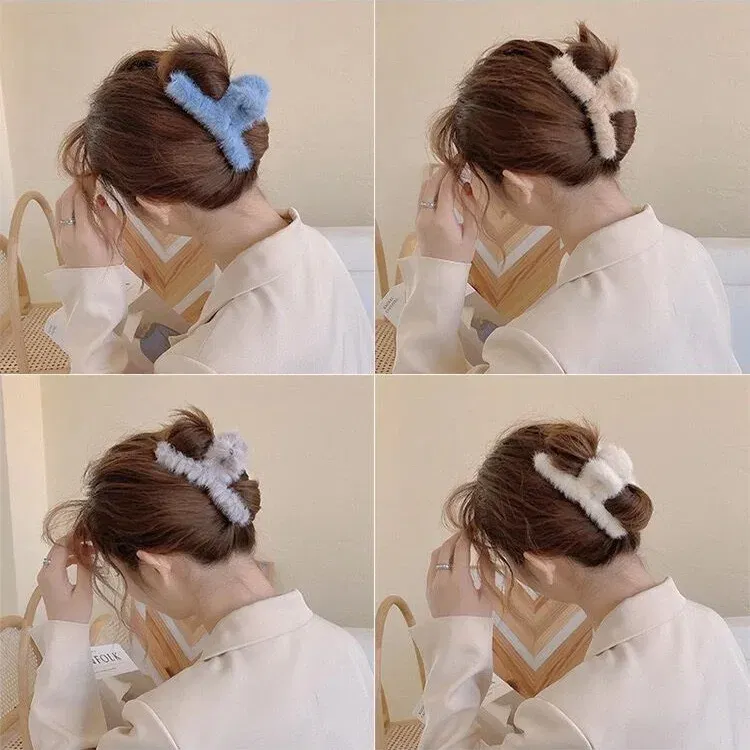 Color: Dark purple - Advanced Sense Card Hair Clip Korea Autumn and Winter Hair Clip Sweet and Gentle Wind Back Hair Grab Plush Shark Clip