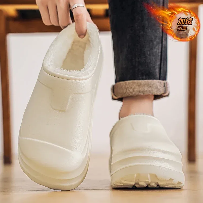 Color: black, Shoe Size: 42 - Eva Men's Chef Slippers Winter Slipper for Men Home Cotton Shoes Water Proof Anti-slip Keep Warm Height-increasing New Arrival