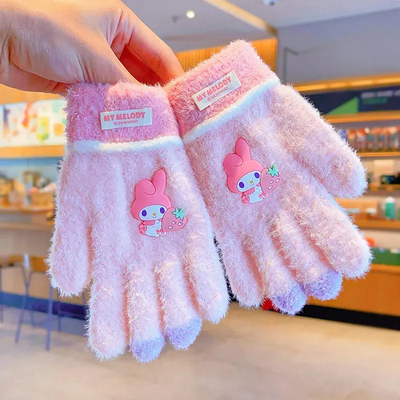 Color: Fluorescent Green - Sanrio Gloves Kawaii My Melody Kuromi Cold-Proof Winter Finger Gloves Plush Screen Touch Warm Children Toddler Christmas Gifts