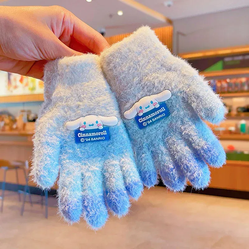 Color: Fluorescent Green - Sanrio Gloves Kawaii My Melody Kuromi Cold-Proof Winter Finger Gloves Plush Screen Touch Warm Children Toddler Christmas Gifts