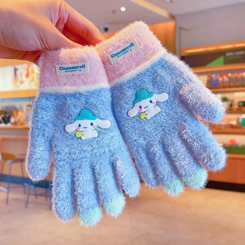 Color: Fluorescent Green - Sanrio Gloves Kawaii My Melody Kuromi Cold-Proof Winter Finger Gloves Plush Screen Touch Warm Children Toddler Christmas Gifts
