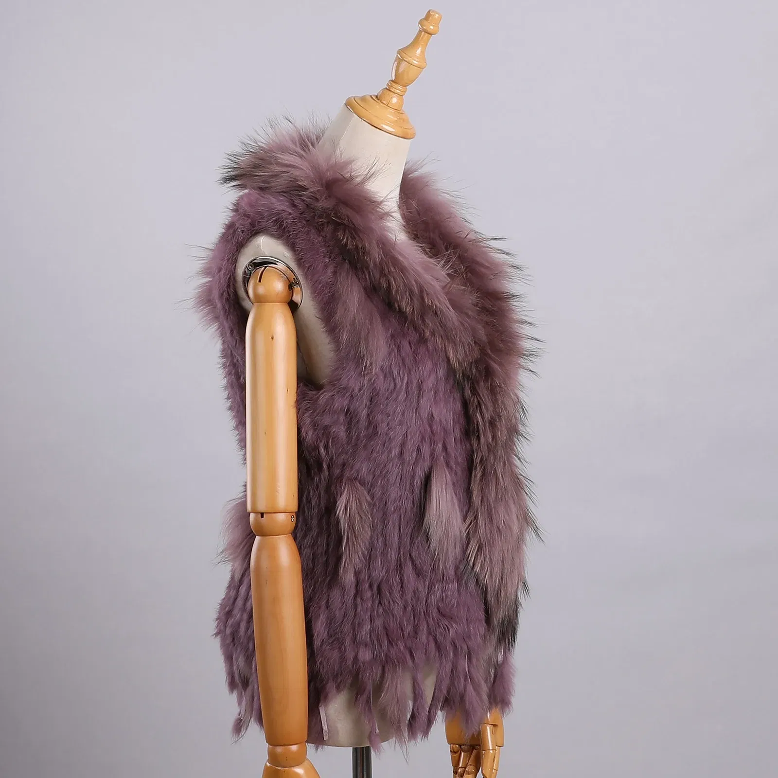 Color: Lavender, Size: XL - Luxury Women's Genuine Premium Long Hair Rabbit Fur Knit Vest Raccoon Fur Trim Gilet Lady Sleeveless Waistcoat Real Fur Jacket