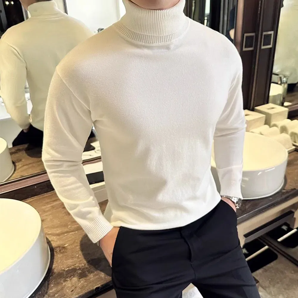 Color: Red, Size: XXXL - Korean Fashion Autumn Winter Sweaters Men Pullovers Fleece Turtleneck Knitted Sweatshirt Warm Bottoming Shirts