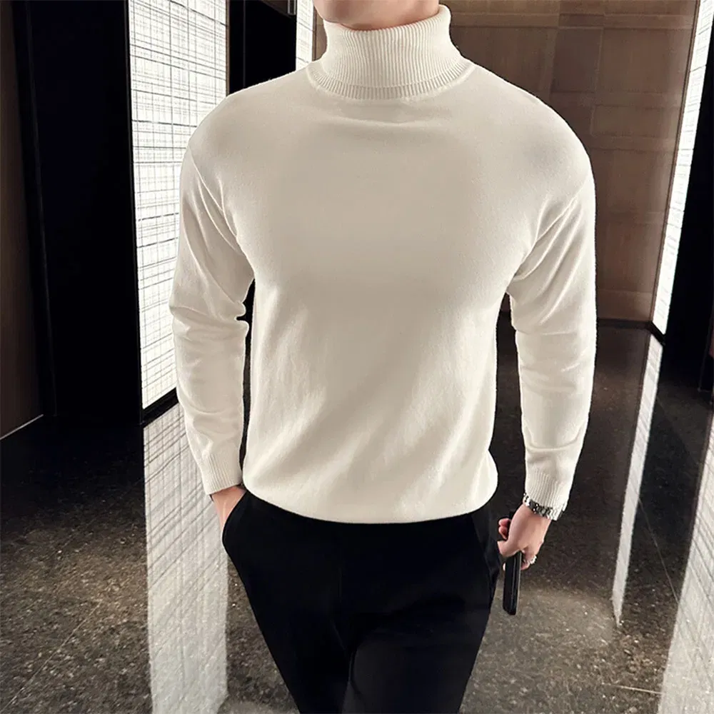 Color: Red, Size: XXXL - Korean Fashion Autumn Winter Sweaters Men Pullovers Fleece Turtleneck Knitted Sweatshirt Warm Bottoming Shirts